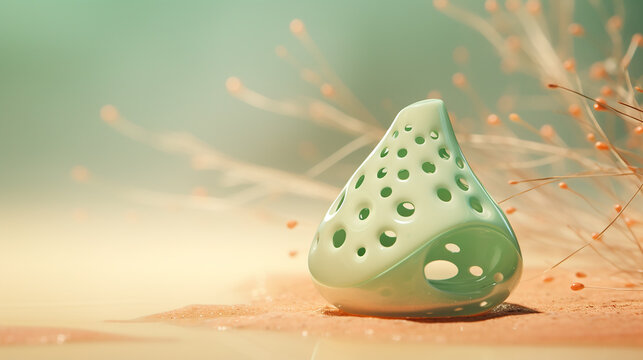 Sage green ocarina with pastel bubbles and bokeh morning dew tranquil peach background. 3D rendering