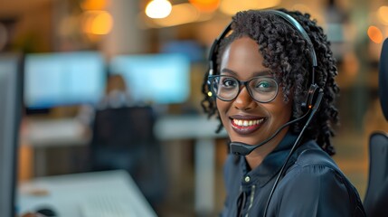 Call center, conversation and happy woman at help desk for advice, sales and telemarketing in headset. Consulting, communication and face of virtual assistant, customer service agent or crm advisor. - obrazy, fototapety, plakaty