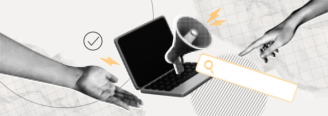 Trendy retro Halftone Collage with Megaphone, Laptop and Hands. Social media news and promotions. Search online job vacancy. Concept of career and business. Contemporary vector illustration art