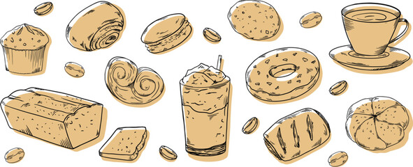 Bakery hadpainted illustrations set banner black and white beige coffee, buns, beans cake, donut, maffin, cookie, cappuccino, latte