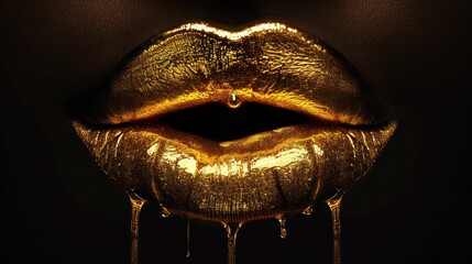 Gold expensive lips, girl sexy mouth background. Golden lipstick with drop of gold. Glamour fashion cosmetic for woman. Gold drip on lip. Glossy luxury mouth