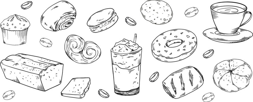 Bakery hadpainted illustrations set banner black and white beige coffee, buns, beans cake, donut, maffin, cookie, cappuccino, latte