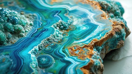 Vivid Chrysocolla with its striking blue-green patterns, elegantly contrasting with a pure white environment - obrazy, fototapety, plakaty