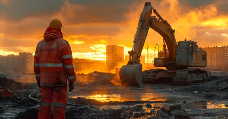 constructors in hard hats together at a construction site. sunset at the end of the world
