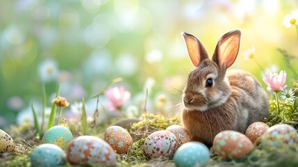 Fototapeta na wymiar AI generated illustration of a bunny surrounded by Easter eggs in a vibrant meadow