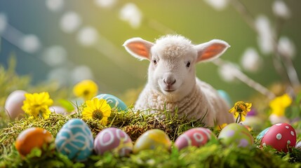 AI generated illustration of Easter eggs and sheep on grassy field