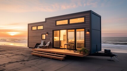 Amazing shipping wheels storage sea container cabin tiny house picture - obrazy, fototapety, plakaty