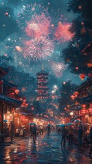 Temple Fair with Fireworks: Chinese New Year: A stunning shot of a temple fair at night, with fireworks illuminating the sky in the background
