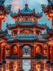 Fototapeta premium Temple Fair with Fireworks: Chinese New Year: A stunning shot of a temple fair at night, with fireworks illuminating the sky in the background