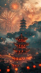 Temple Fair with Fireworks: Chinese New Year: A stunning shot of a temple fair at night, with fireworks illuminating the sky in the background