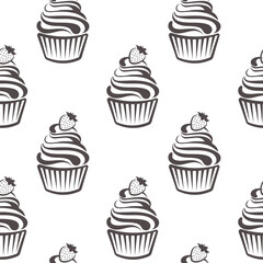 Seamless pattern, linear silhouettes of cupcakes, line art on a white background. Sweet desserts. Food background, vector
