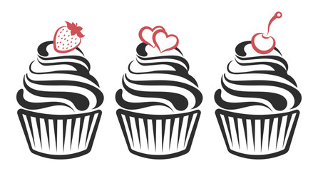 Set of linear cupcake silhouettes, line art, clipart isolated on white background. Sweet desserts. Food illustration, vector