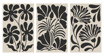 Set of wall posters. Mid century modern tapestries with bohemian flowers and plants. Retro Bauhaus wall art, botanical print, vector