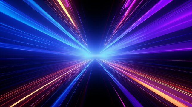 Bright neon glowing lines simulating hyperspace tunnel 