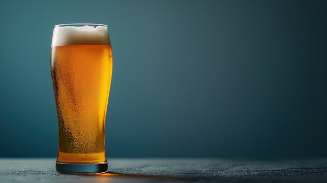 Large cold glass of beer, plain green background, space for text and icons 