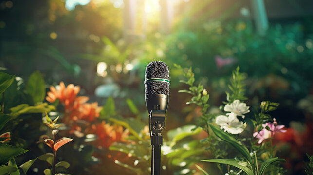 a microphone in a botanical garden presentation, with green foliage and flowers 3D illustration - Powered by Adobe