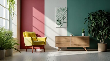 Uma sala de estar para descanso com paleta colorida, possui poltrona amarela e aparador em madeira - obrazy, fototapety, plakaty