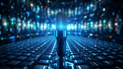 a fiber optic microphone in a server room, with rows of servers and blinking lights 3D rendering - obrazy, fototapety, plakaty