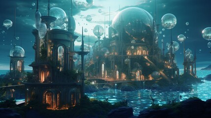 A futuristic underwater city with transparent domes showcasing marine life - obrazy, fototapety, plakaty