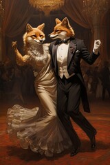 Elegant Foxes Dancing in Regal Ballroom Setting