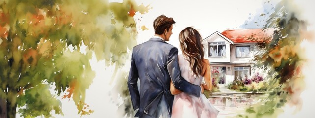 Young couple looking up at ther first house together, impressionistic, romantic style, white background - obrazy, fototapety, plakaty