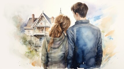 Young couple looking up at ther first house together, impressionistic, romantic style, white background - obrazy, fototapety, plakaty