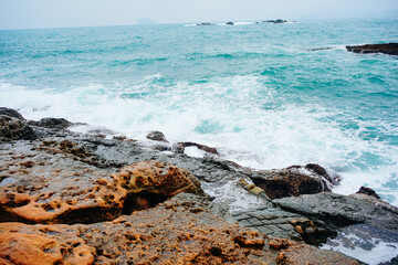 Taipei, Taiwan, Republic of China, 01 21 2024: The landscape of Pacific ocean and Yeliu geopark at Taipei, Taiwan, Republic of China