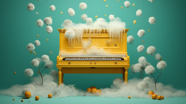 Lemon zest harmonium and floating cotton fluffs on a backdrop of hushed aqua. 3D rendering