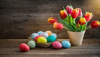 Obraz na płótnie Canvas easter still life with tulips and eggs, easter eggs and tulips on wooden background, Easter eggs, and whimsical Easter-themed flat lay on a wooden table, featuring a mix of vibrant tulips,