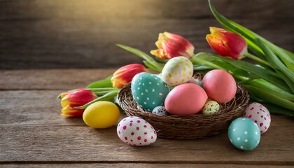 Obraz na płótnie Canvas easter eggs in a basket, easter eggs and tulips on wooden background, Easter eggs, and whimsical Easter-themed flat lay on a wooden table, featuring a mix of vibrant tulips,