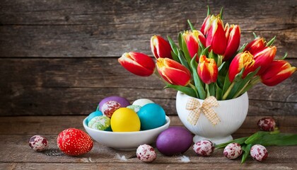 Obraz na płótnie Canvas easter still life with eggs and tulips, easter eggs and tulips on wooden background, Easter eggs, and whimsical Easter-themed flat lay on a wooden table, featuring a mix of vibrant tulips,