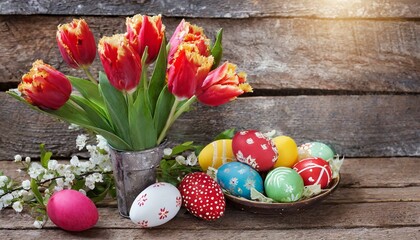 easter eggs and tulips, easter eggs and tulips on wooden background, Easter eggs, and whimsical Easter-themed flat lay on a wooden table, featuring a mix of vibrant tulips,