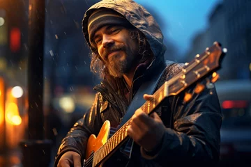 Foto op Plexiglas street musicians, play on the outside, in crosswalks, in subway. do either for fun or for money, music creativity cute happy guitar old style vocals melody smiling. © Ирина Батюк