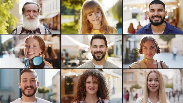 Collage of smiling happy people diverse gender, different cultures, ages, ethnicity. Men and women looking at camera. Close-up of males and female faces. Diversity of multiethnic humans outdoors city