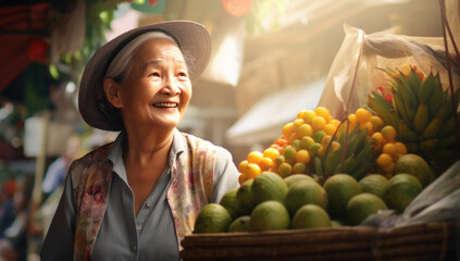 Obraz premium Senior smiling asian woman stands in an outdoor market with fresh fruit and veg. Food stalls store, admiring a colourful assortment of fresh vegetables at a supermarket