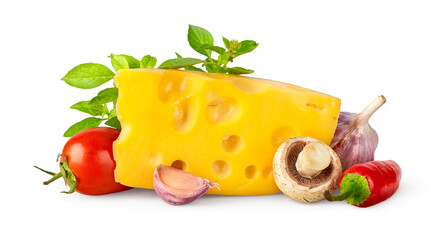 Yellow cheese with fresh vegetables and herbs. Red tomato vegetable, chili pepper, garlic mushrooms green basil oregano leaves. Organic natural food isolated. PNG.