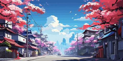 Japanese scene on a street in the city, cherry blossom trees, vector illustration - obrazy, fototapety, plakaty