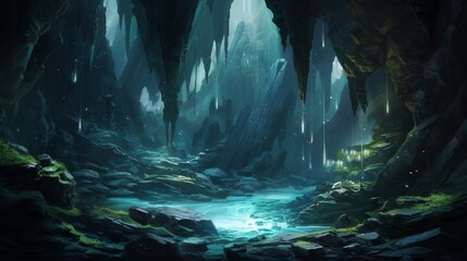 A hidden cave system with glowing crystals and underground waterfalls - obrazy, fototapety, plakaty