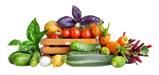 Fresh vegetables in rustic wooden box. Basil leaves, cucumbers, zuccini, carrots and tomatoes from the kitchen garden. Organic natural food. Isolated. PNG. - 715126983