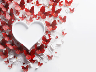 White paper heart and red butterflies on white background. Valentine's day concept.