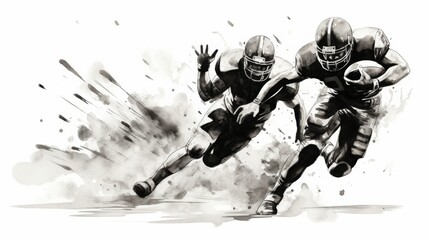 Black and white illustration, action shot off American football running with the ball, chased by opposing team.