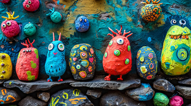 Easter, Colorful, whimsical stone creatures with playful eyes and patterns, set against a textured wall, ideal for a fun and creative children's event banner