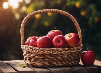 Ripe red apples in a wicker basket on a wooden table.