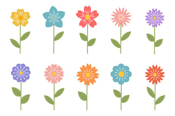 Vector flower collection in simple hand drawn cartoon style. Colorful cute spring flowers set isolated on white. Floral botanical illustration, natural blossom, blooming.