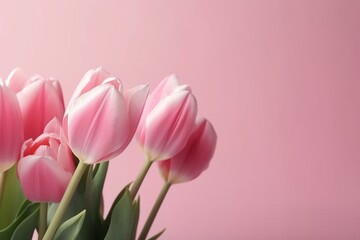 Beautiful pink tulips on a background with placeholder. Perfect background for spring, Valentine's Day, Easter, birthday, wedding, Mother's Day, and International Women's Day. Generative AI
