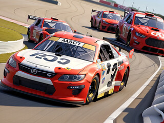 Racing cars drive on the circuit.