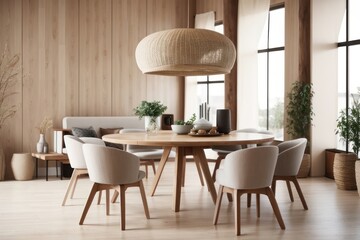 Scandinavian interior home design of modern dining room with beige chairs and rustic wooden dining table with beige wood panel wall