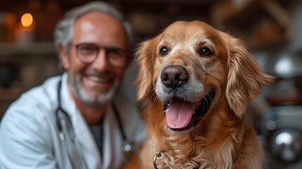 doctor in his office is examining a golden retrieve. veterinarian with dog
