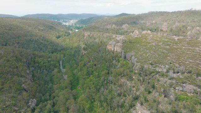 Drone aerial footage of sandstone rock formations in the Garden of Stones Conservation area near the town of Lithgow in the Central Tablelands of New South Wales in Australia