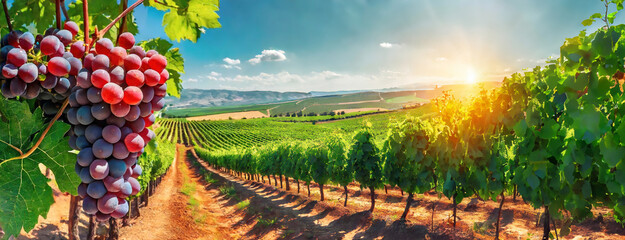 Lush Vineyard with Ripe Grapes Ready for Harvest. Vibrant vineyard rows under a sunny sky, showcasing plump grape clusters ready for the harvest season. - obrazy, fototapety, plakaty